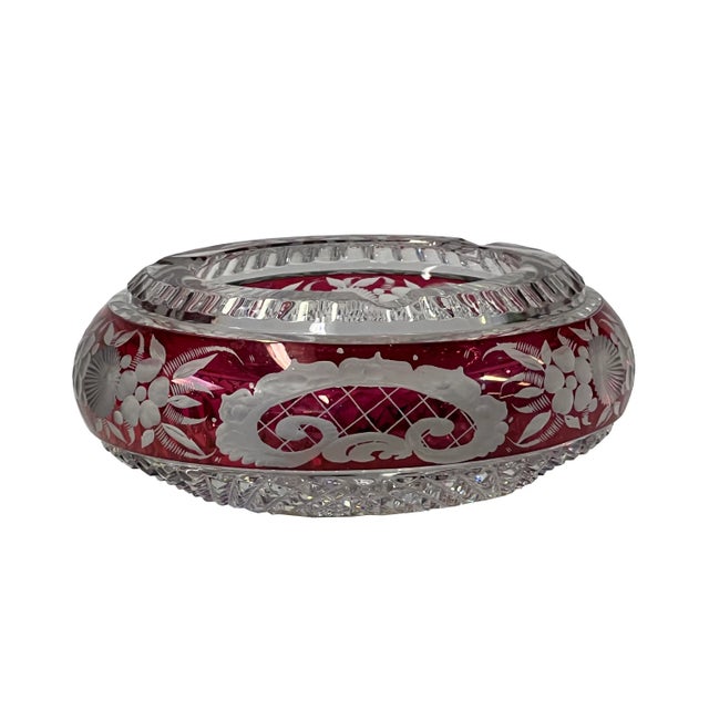 Glass Classic Vintage Round Red Flower Motif Glass Flat Bowl Display For Sale - Image 7 of 7