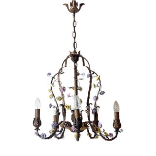Italian Gilt Iron Five-Light Chandelier with Porcelain Flowers, 1930 For Sale