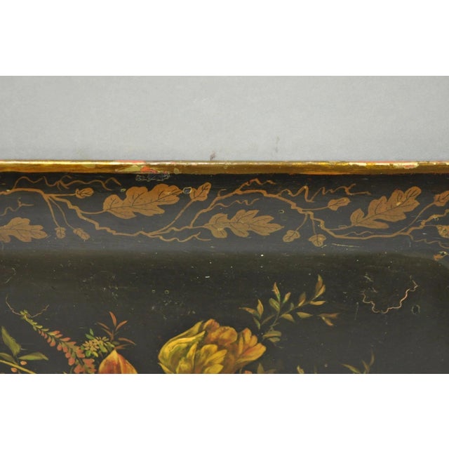 Antique French Country Tole Metal Hand Painted Floral Large Serving Platter Tray For Sale - Image 10 of 15