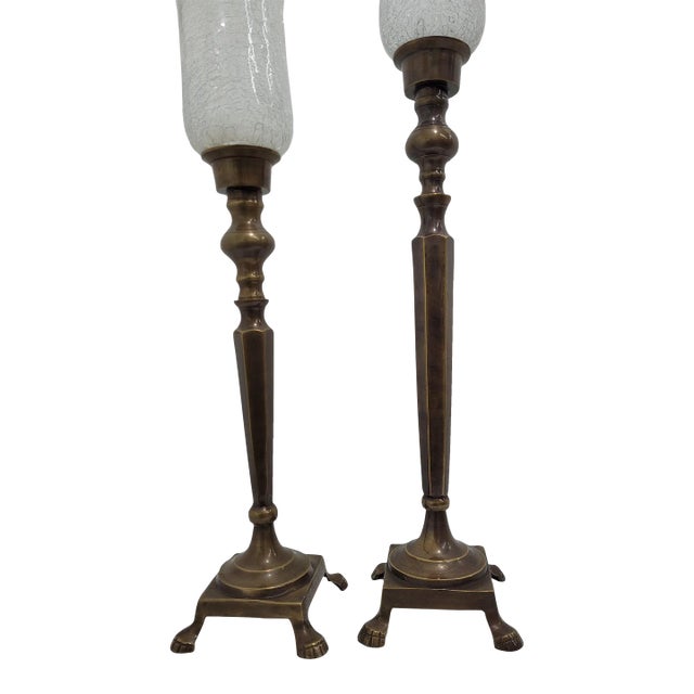 Vintage Bronze Candlesticks With Crackle Glass Globes For Sale