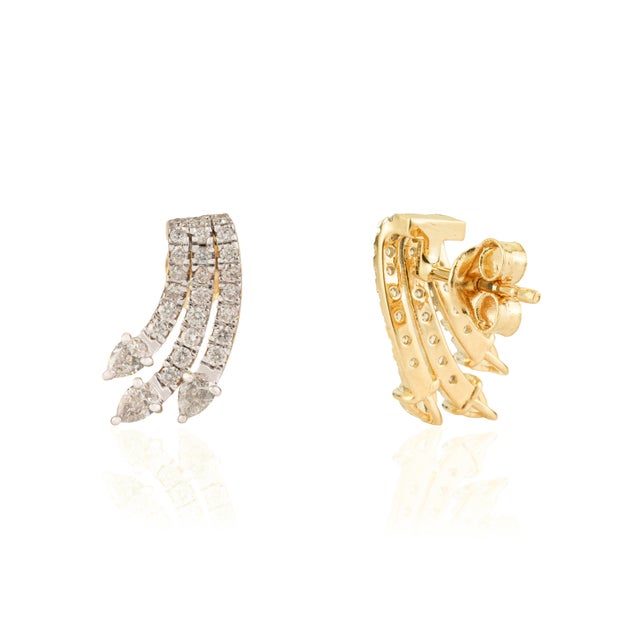 Metal Celestial Marquise Pave Diamond Triple-Row Wing Stud Earrings in 14k Gold- 2 Pieces For Sale - Image 7 of 13