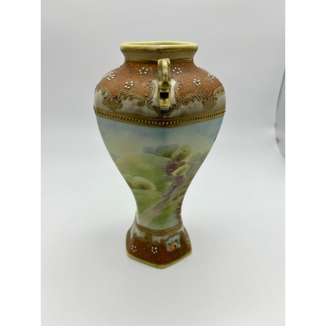 Burnt Umber Nippon Antique Hand Painted Landscape Moriage Two Handled Porcelain Vase For Sale - Image 8 of 17