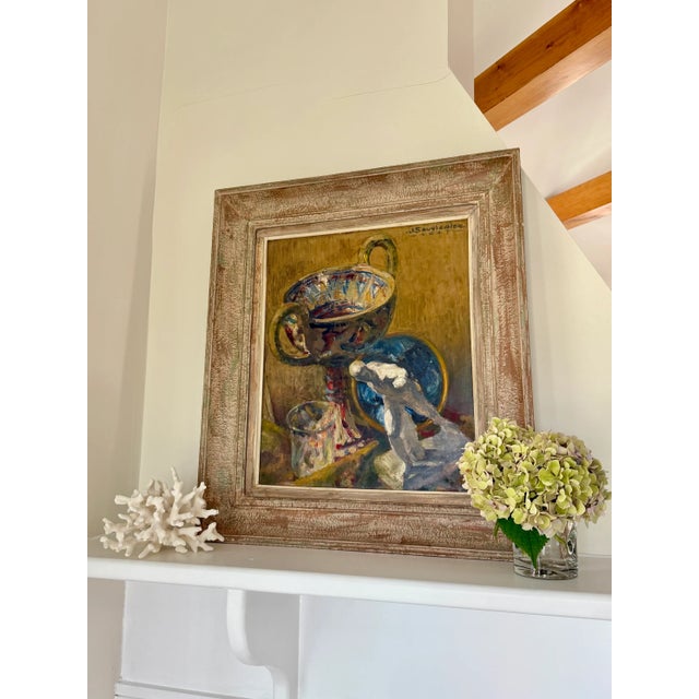French Jean Sauvignier 1947 Ancient Greek French Still Life Nature Morte Oil Painting in Washed Wood Frame For Sale - Image 3 of 7