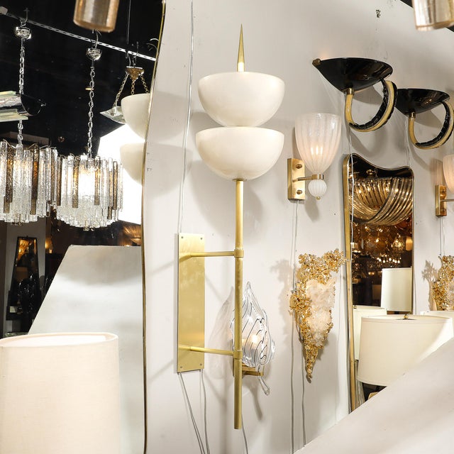Modernist Hand-Blown Murano Glass Reverse Dome Form Brushed Brass Sconces For Sale - Image 13 of 18