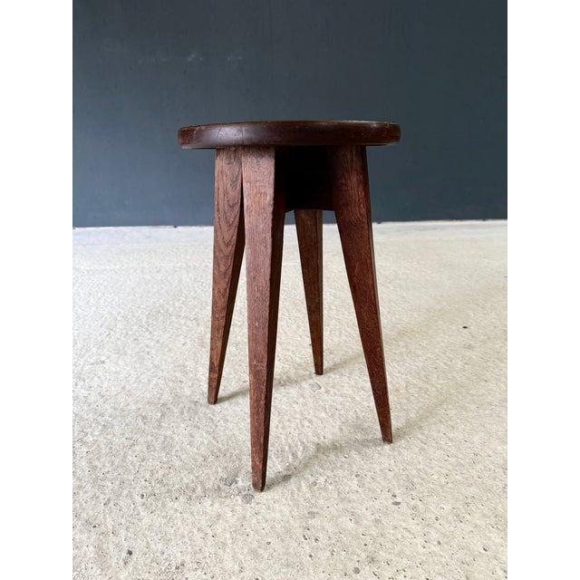 Vintage French Reconstruction Design Marquetry Inlay Stool. Made in France, 1940's period. Solid oak constructed stool...