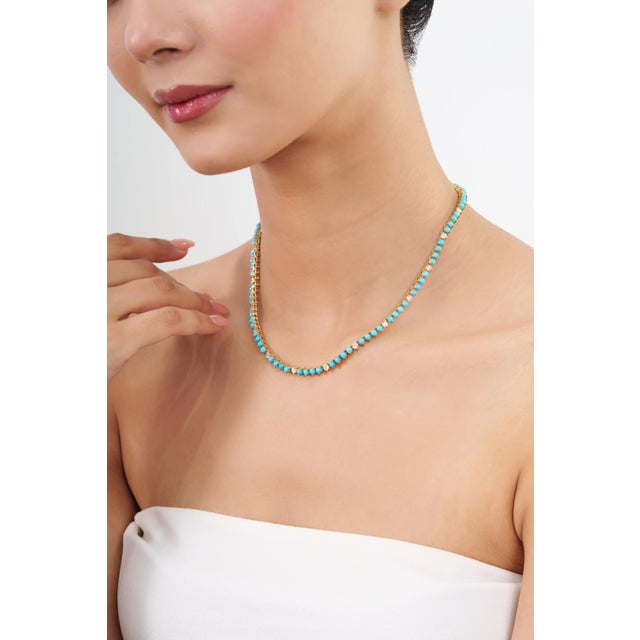 Not Yet Made - Made To Order 18k Yellow Gold 13.8ct Round Sleeping Beauty Turquoise & Diamond Tennis Necklace For Sale - Image 5 of 17