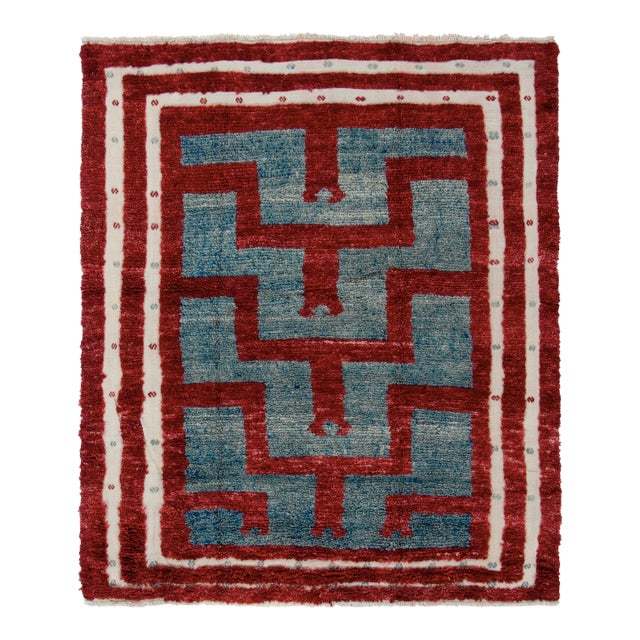 Vintage Tulu Rug in Red, Blue, White High-Low Geometric Pattern For Sale