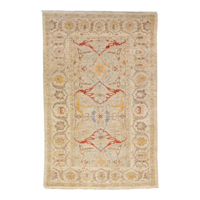 Modern Sultanabad Beige Handmade Designed Wool Rug For Sale