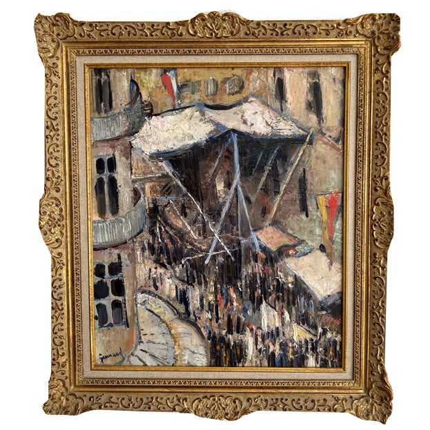 René Guinand, Festivities in the Town in Geneva, Oil on Canvas, 1919, Framed For Sale