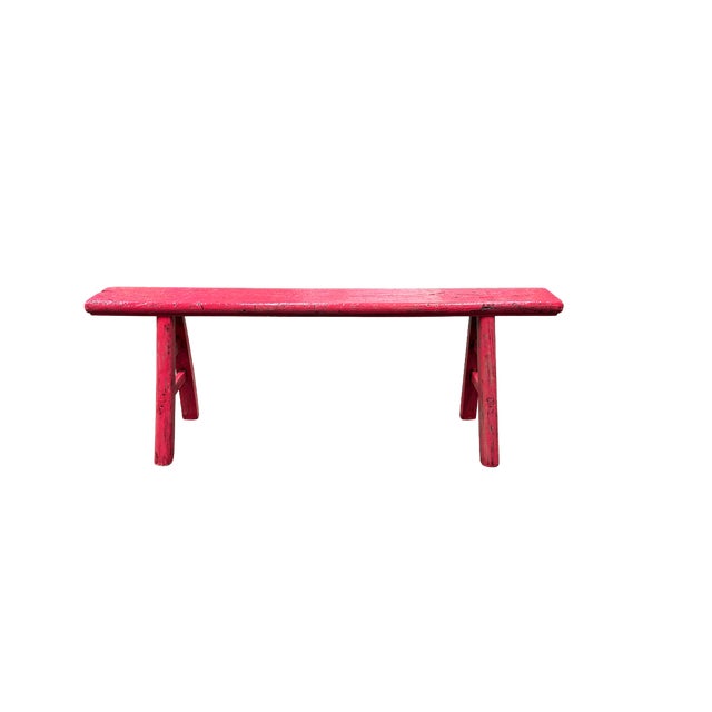 Wood Bright Pink Wood Grain Rectangle Long Slim Stool Bench Side Table For Sale - Image 7 of 10