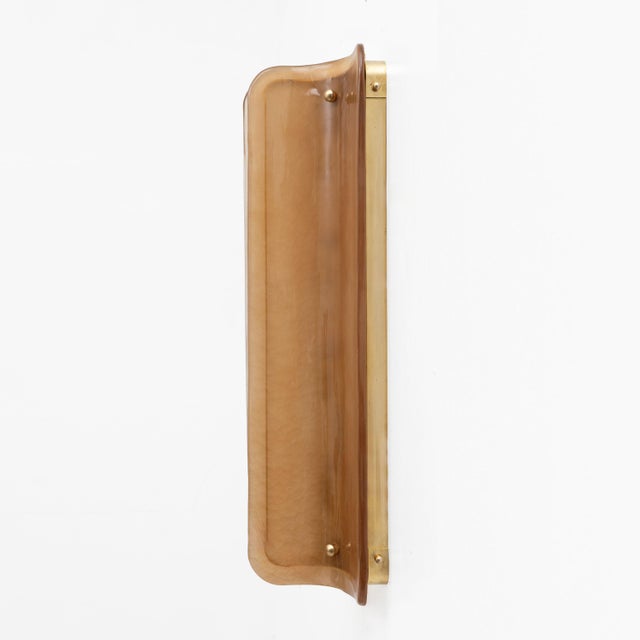 Mid-Century Modern Big Curved Amber Murano Glass and Brass Wall Sconces, 2000, Set of 2 For Sale - Image 3 of 8