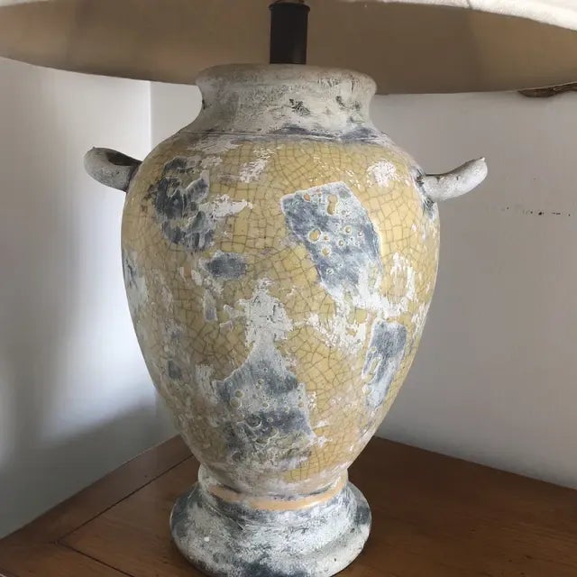 Gray 1990s Yellow and Gray Crackle Glaze Ceramic Urn Shaped Lamp With Shade For Sale - Image 8 of 9