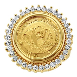 20th Ounce Panda Coin Ring with Diamond Halo, Size 7 For Sale