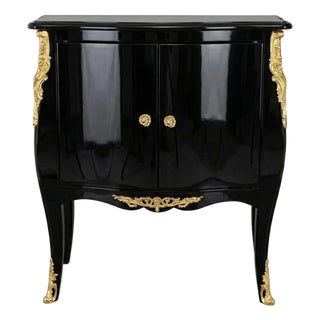 Midcentury Black Lacquered French Louis XV Style Bombe Chest Att. To Bodart For Sale