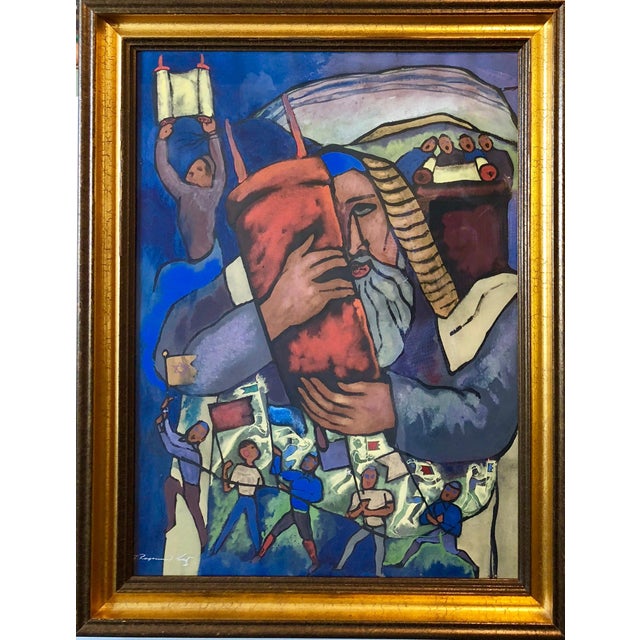 Alexander Raymond Katz, Chicago Jewish Modernist Judaica Painting Simchat Torah WPA Artist Israeli Flags, c.1940s For Sale