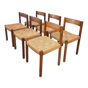 1960s Robert + Trix Haussmann Tiger Oak + Woven Rope Model 6200 Chairs- Set of 6