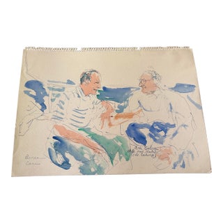 1950s Dimitrie Berea Water Color Sketch of Arde Bulova (Head of the Bulova Watch Company) & Prof. Nimbus in Cannes, France For Sale