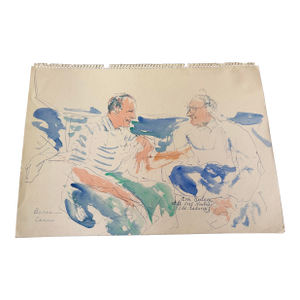 1950s Dimitrie Berea Water Color Sketch of Arde Bulova (Head of the Bulova Watch Company) & Prof. Nimbus in Cannes, France