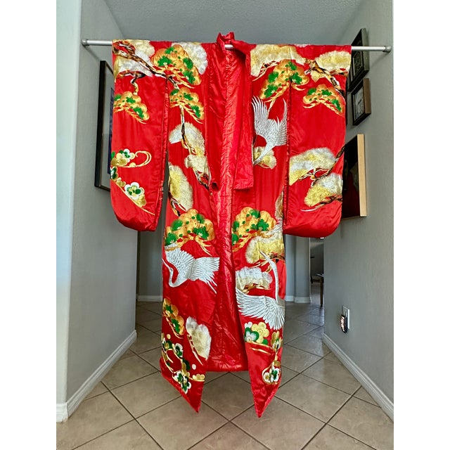 Vintage Red Brocade With Flying Cranes Japanese Ceremonial Kimono For Sale In Palm Springs - Image 6 of 18