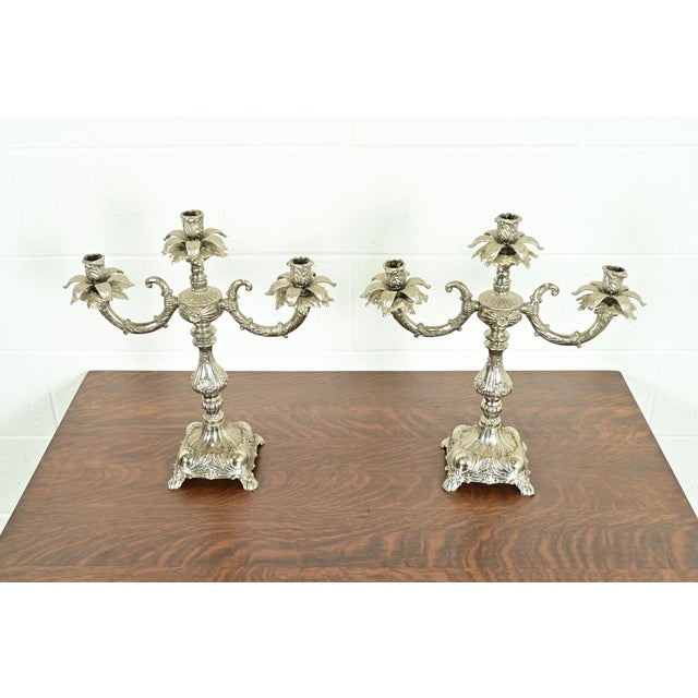 A gorgeous pair of antique Victorian or Art Deco silver plate three-light candelabras In the manner of Tiffany & Co. USA,...