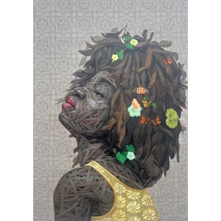 Still I Rise (1) by Ifeoluwa Alade | Acrylic and glow in the dark medium on canvas Portrait of a girl with flowers and butterflies. For Sale