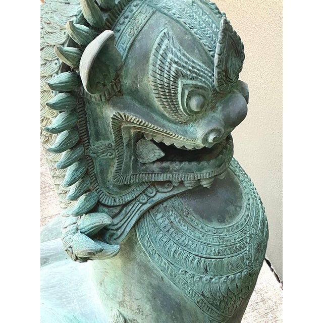 Vintage Verdigris Bronze Temple Lions - A Pair For Sale - Image 11 of 17