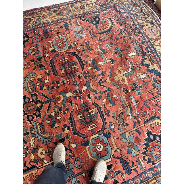 Red Antique Heriz Village Carpet Rare Camel Border with Coral Ground in Naive Harshang Design with Sickle Leaf Motif Rug 9.4 x 11.4 For Sale - Image 8 of 16