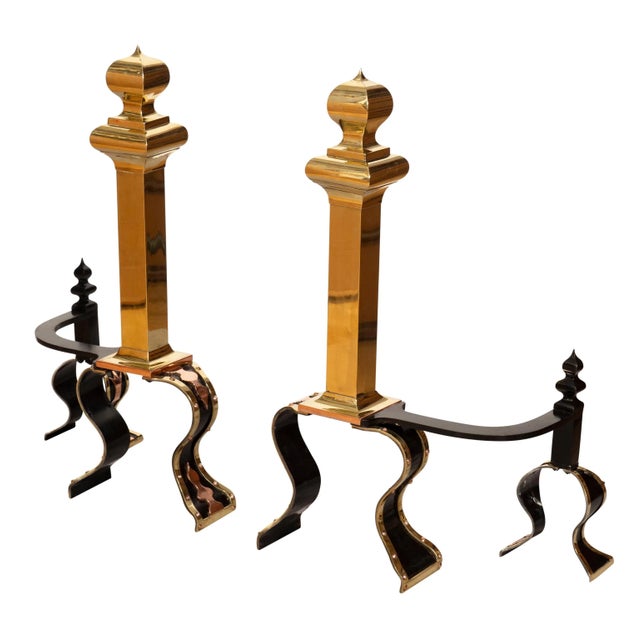 Arts & Crafts Brass, Iron and Copper Andirons - A Pair For Sale - Image 4 of 13