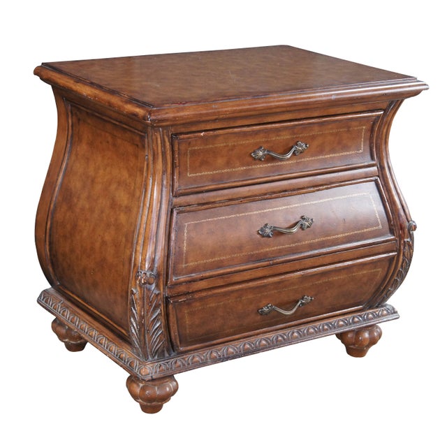 French Provincial Late 20th Century French Louis XVI Tooled Leather Bombe Chests Dressers Side Table Nightstands For Sale - Image 3 of 14