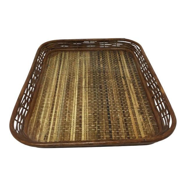 Mid-Century Coastal Boho Wicker and Rattan Woven Tray.. For Sale