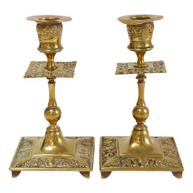 Antique English Brass Candlesticks, 1890s, Set of 2 For Sale
