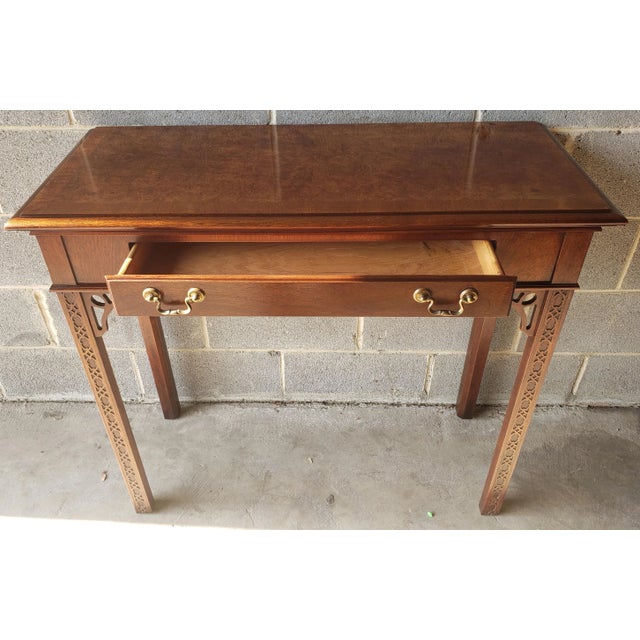 1970s Chippendale Walnut Burl Console Table With Fredwork and Banded Top For Sale - Image 9 of 10