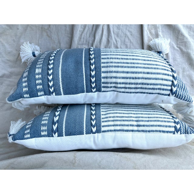 Denim Blue and White Boho throw pillows with tassels. Indoor/Outdoor pillows Perfect for the denim blue coverlet in my...