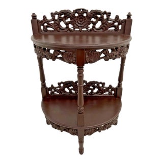1990s Vintage Demilune Console Table With Bottom Shelf, Floral Carved Fret Work For Sale
