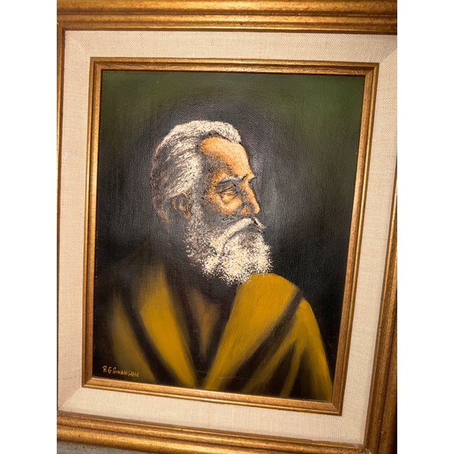 This item is a small signed oil painting on canvas by Ray Swanson, also identified on the reverse label as R. G. Swanson...