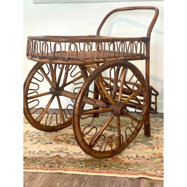 French Riviera Rattan Bar Cart Audoux & Minet 1950s For Sale - Image 10 of 11