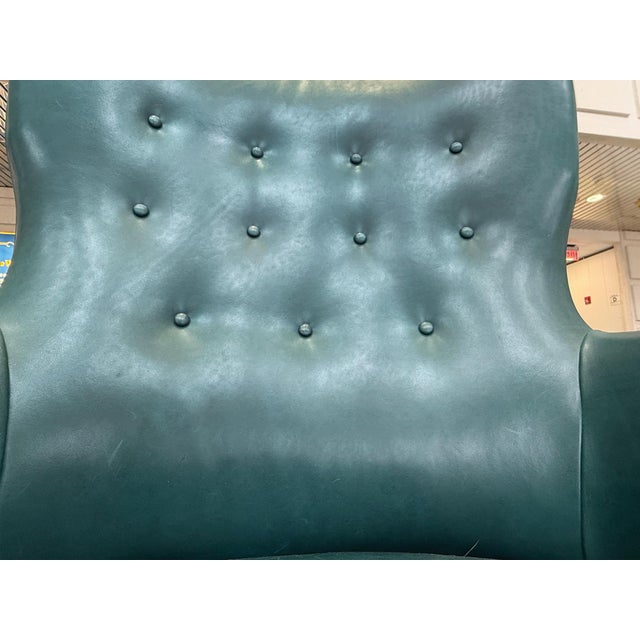 Danish Modern Teal Green Leather Wingback Armchair in the Style of Ole Wanscher For Sale - Image 9 of 18
