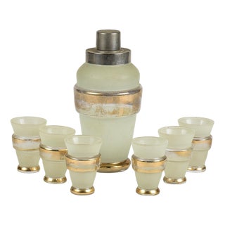 Art Nouveau Cocktail Set with Shaker and Decorated Shot Glasses, Set of 7 For Sale