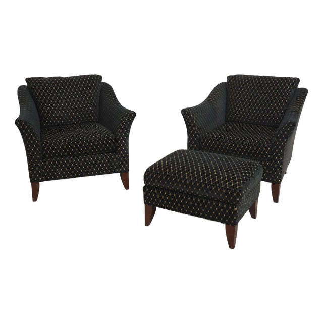 Pair of Stickley Upholstered Large Chairs & Ottoman For Sale