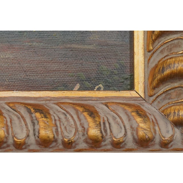 Gold 1980s European Valley Oil on Canvas City by River Painting - Signed For Sale - Image 8 of 9