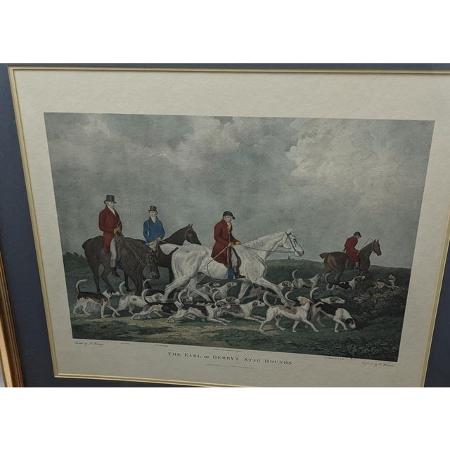 A large vintage equestrian artwork reproducing the historic English sporting image “The Earl of Derby’s Stag Hounds,”...