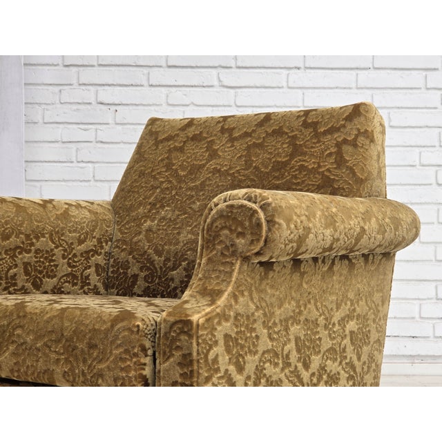 Mid-Century Modern Vintage Danish Carved Oak Lounge Chair with Velour Upholstery, 1960s For Sale - Image 3 of 18