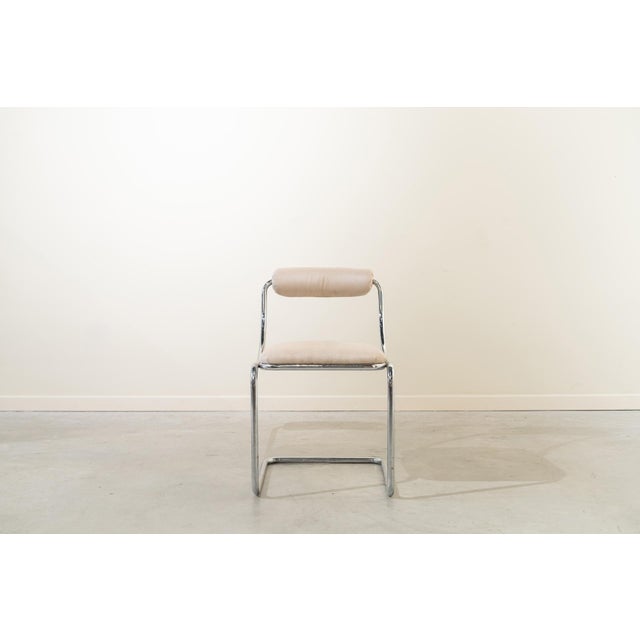 Set of Four Tubular Steel Chairs, Space Age, Upholstered in White Suede. C. 1970, Set of 4 For Sale - Image 3 of 13