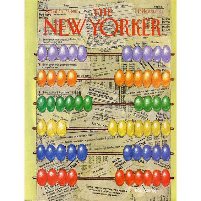 Original vintage New Yorker magazine cover dated April 17, 1989 featuring a Tax Time theme. Based on an illustration by...