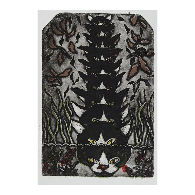 Contemporary Cat Reflections Colored Etching For Sale