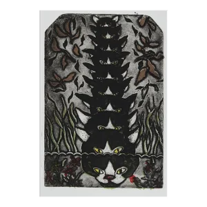 Contemporary Cat Reflections Colored Etching