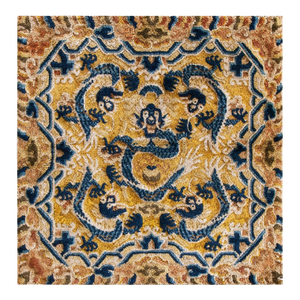 1880s Blue Gold Dragon Antique Chinese Ningxia Rug 2' 6"x 2' 6" Handknotted Wool Carpet