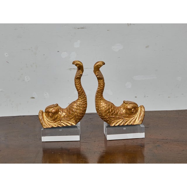 Baroque Pair of Baroque Style Giltwood Dolphin Carvings on Lucite Bases, 19th Century For Sale - Image 3 of 7