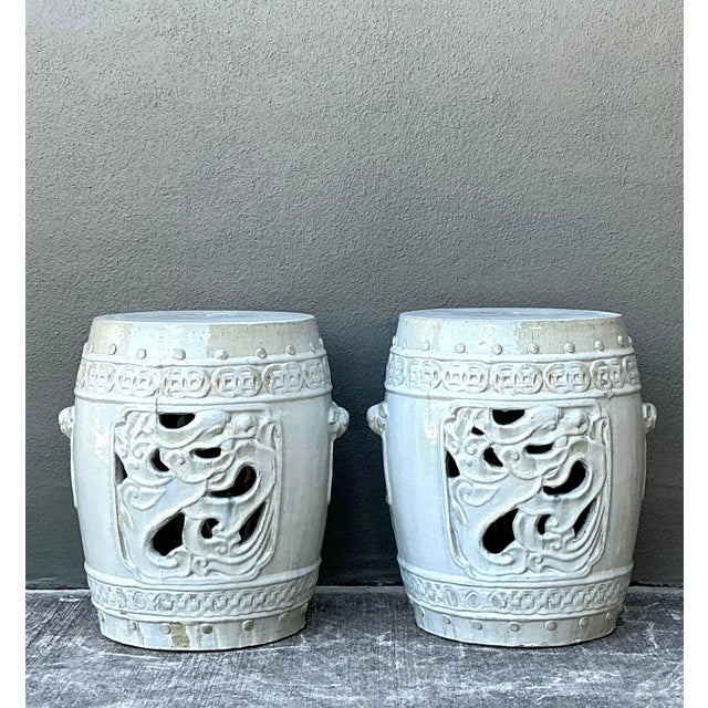 Off-white Vintage Glazed Ceramic Garden Stools - A Pair For Sale - Image 8 of 12