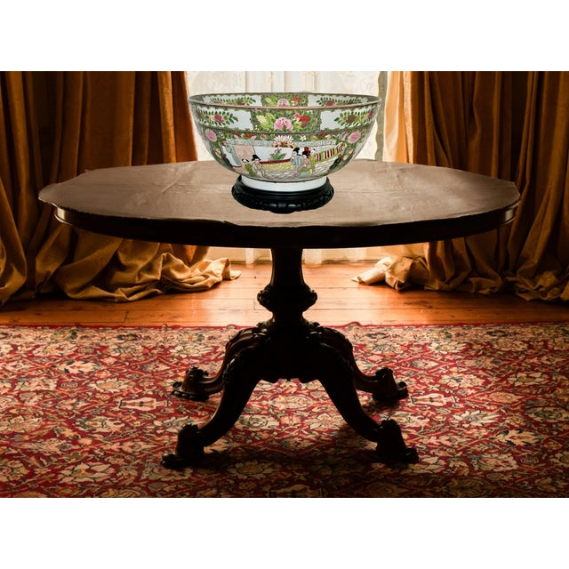 Large Old Rose Mandarin / Medallion Chinese Porcelain Export Punch Bowl, Wood Stand & Auspicious Objects & Gilt Work, Signed, 14" For Sale - Image 9 of 15